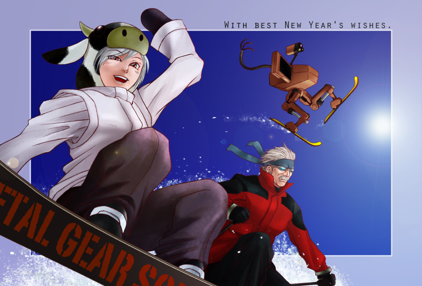 1boy, 1girl, animal_ears, brown_eyes, cow_ears, cow_hood, facial_hair, fake_animal_ears, grey_hair, headband, metal_gear_(series), metal_gear_mk._ii, metal_gear_solid_4, mittens, mustache, old_snake, ray_k, robot, silver_hair, skiing, skis, snowboard, solid_snake, sunglasses, sunny_gurlukovich, winter_clothes