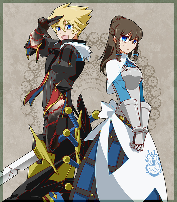 1boy, 1girl, blonde_hair, blue_eyes, braid, brown_hair, chaos_dragon, hesocha