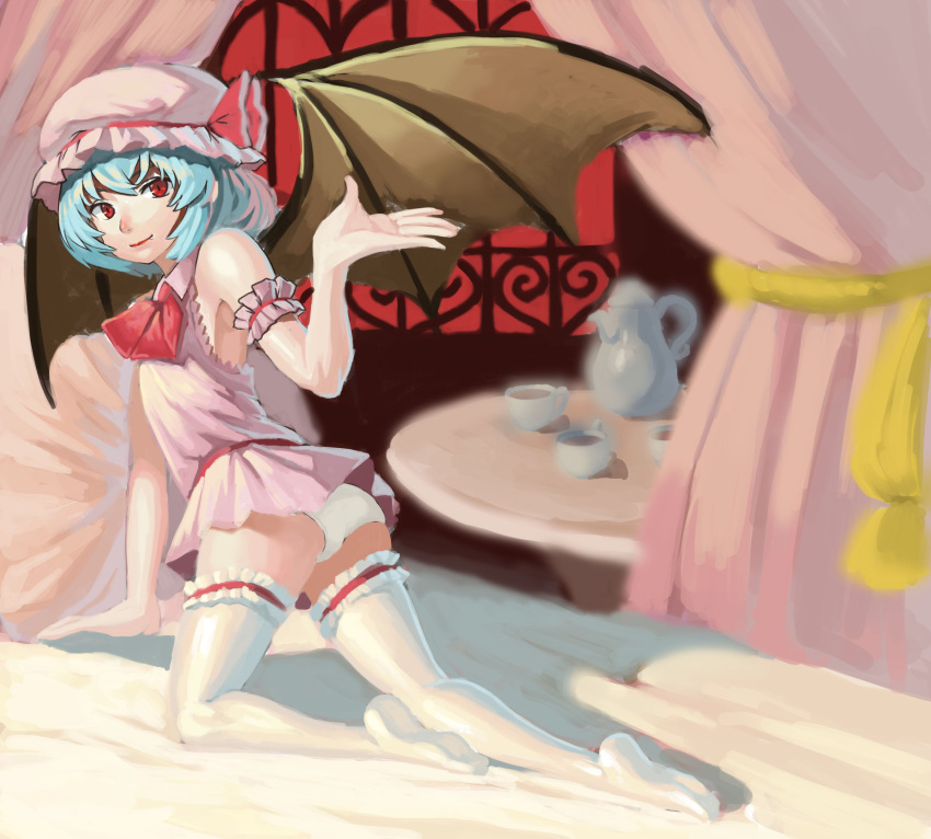 1girl, ascot, bat_wings, blue_hair, cup, curtains, fang, full_body