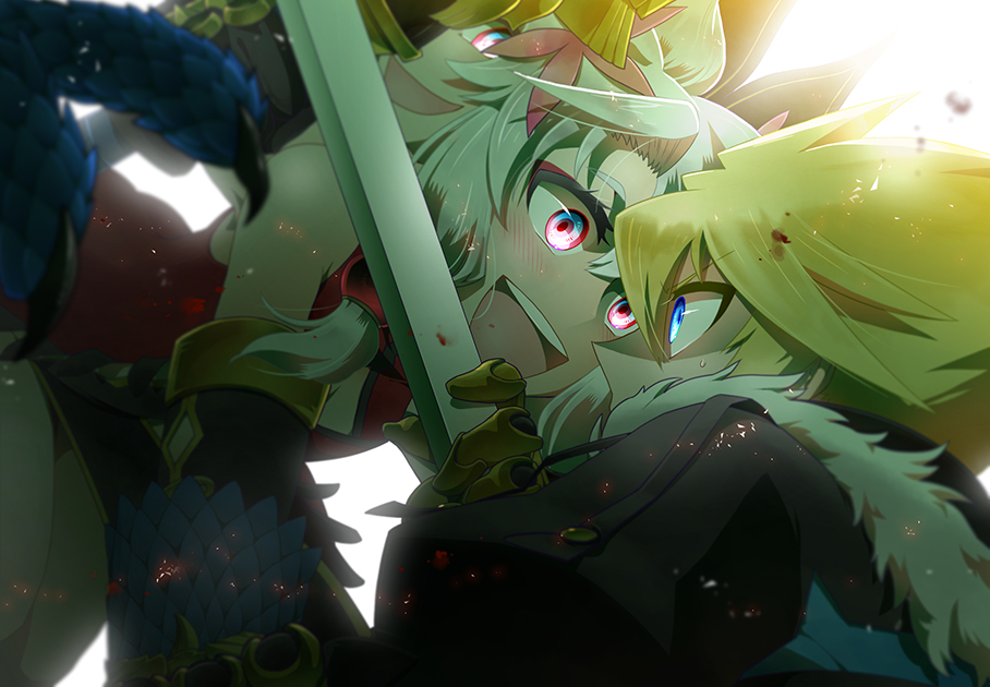 1boy, 1girl, blonde_hair, chaos_dragon, hesocha, long_hair, red_dragon, short_hair