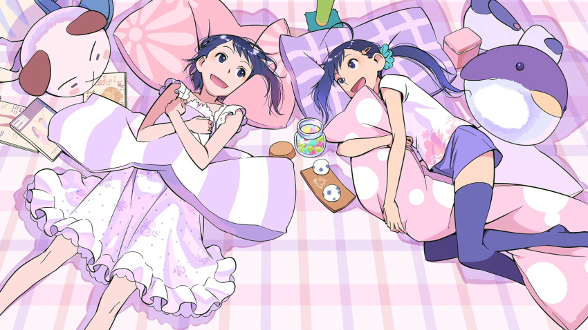 artist_request, blue_eyes, blue_hair, blush, candy, daifukumochi, end_card, gradient_hair, hair_ornament, hairband, hairpin, highres, jar, konpeitou, lying, magazine, multicolored_hair, nisekoi, official_art, onodera_haru, onodera_kosaki, open_mouth, pajamas, pillow, pillow_hug, ponytail, screencap, shorts, siblings, sisters, smile, stuffed_animal, stuffed_bird, stuffed_panda, stuffed_toy, t-shirt, teddy_bear, thigh-highs
