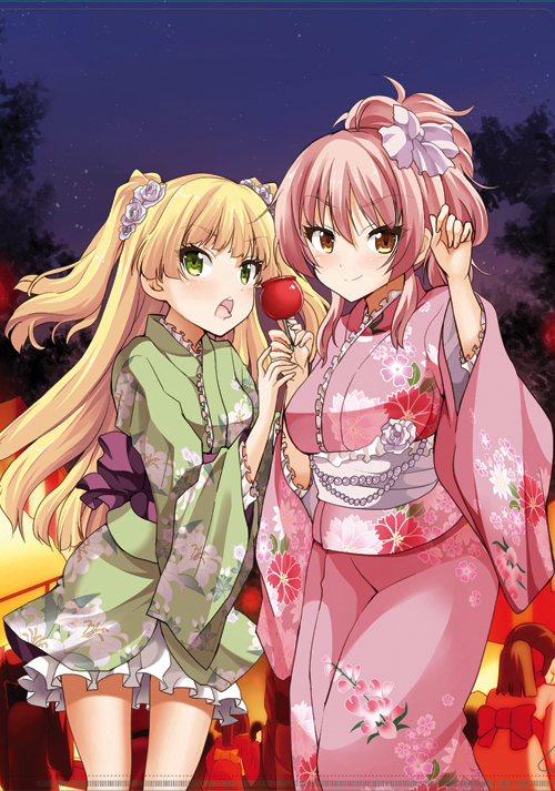 2girls, blonde_hair, brown_eyes, candy_apple, green_eyes, idolmaster, idolmaster_cinderella_girls, japanese_clothes