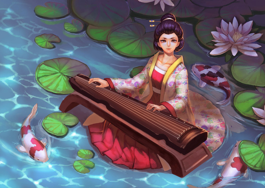 1girl, black_hair, brown_eyes, fish, full_body, hair_bun, hair_ornament, hair_stick