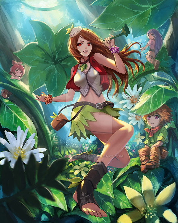 1girl, bag, barefoot, brown_hair, dragon's_shadow, fairy, flower_bracelet, forest
