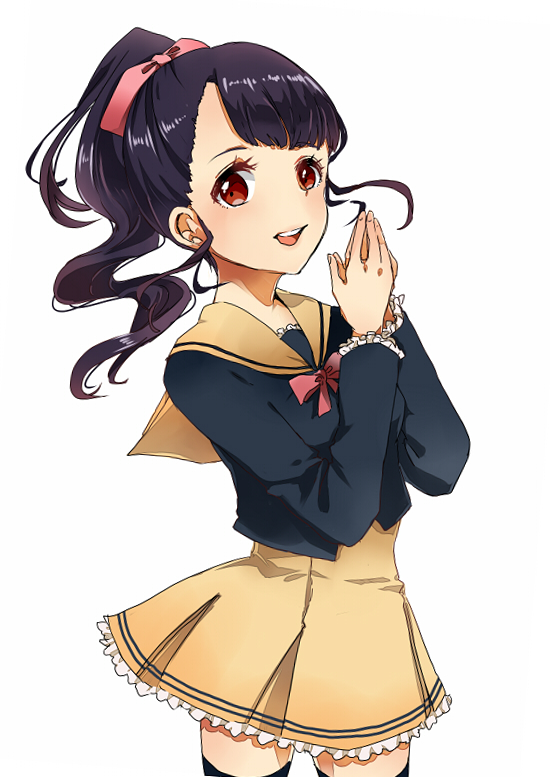 1girl, bangs, black_hair, black_legwear, blunt_bangs, blush, brown_eyes, hands_together