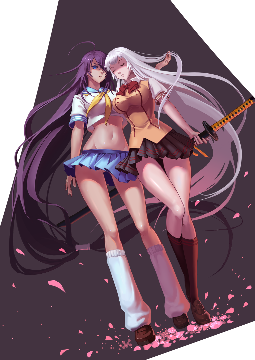 2girls, ahoge, ana_bi, blue_eyes, chouun_shiryuu, closed_eyes, hair_over_one_eye, hand_in_another's_hair