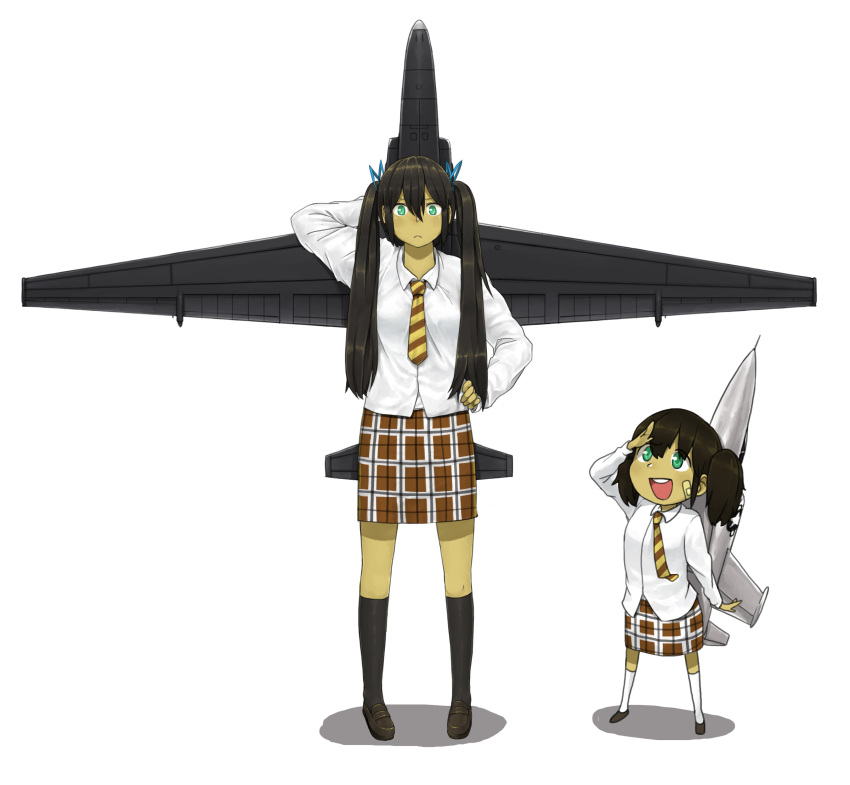 2girls, anyan_(jooho), bandaid, black_hair, f-104, full_body, green_eyes, highres