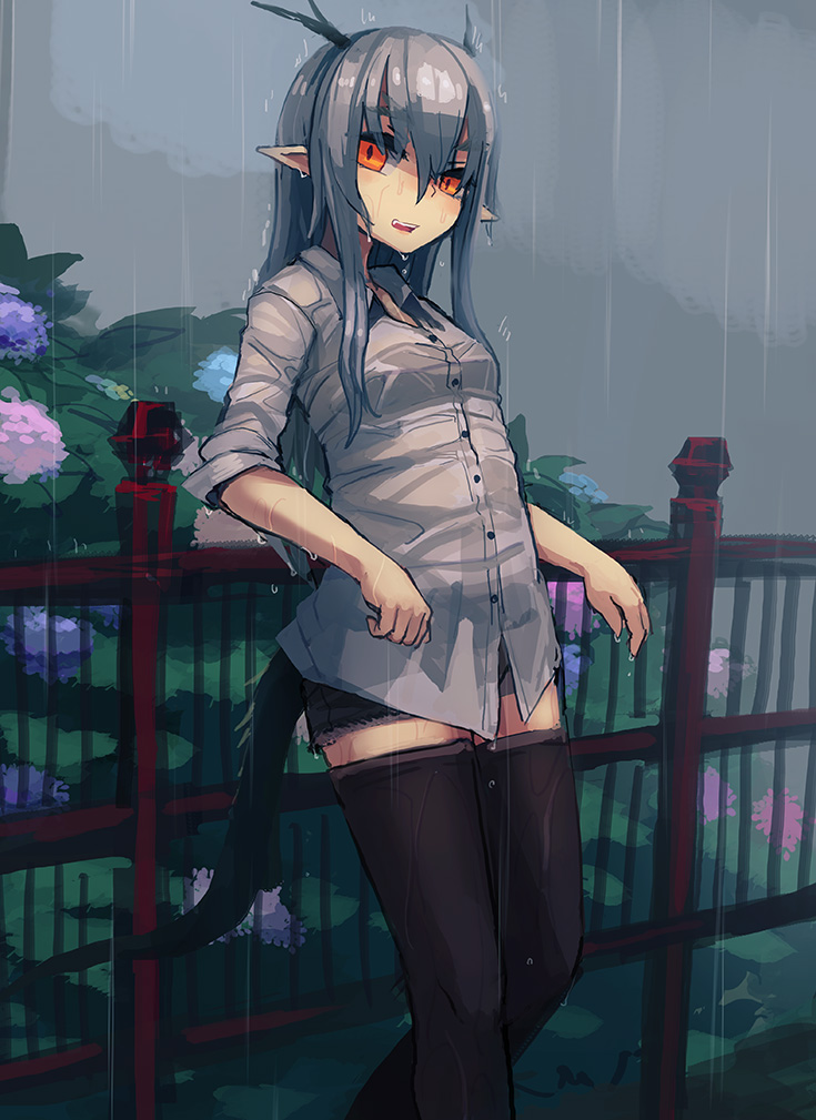 1girl, green_eyes, horns, kuryuu_kohaku, noconol, orange_eyes, original, pointy_ears