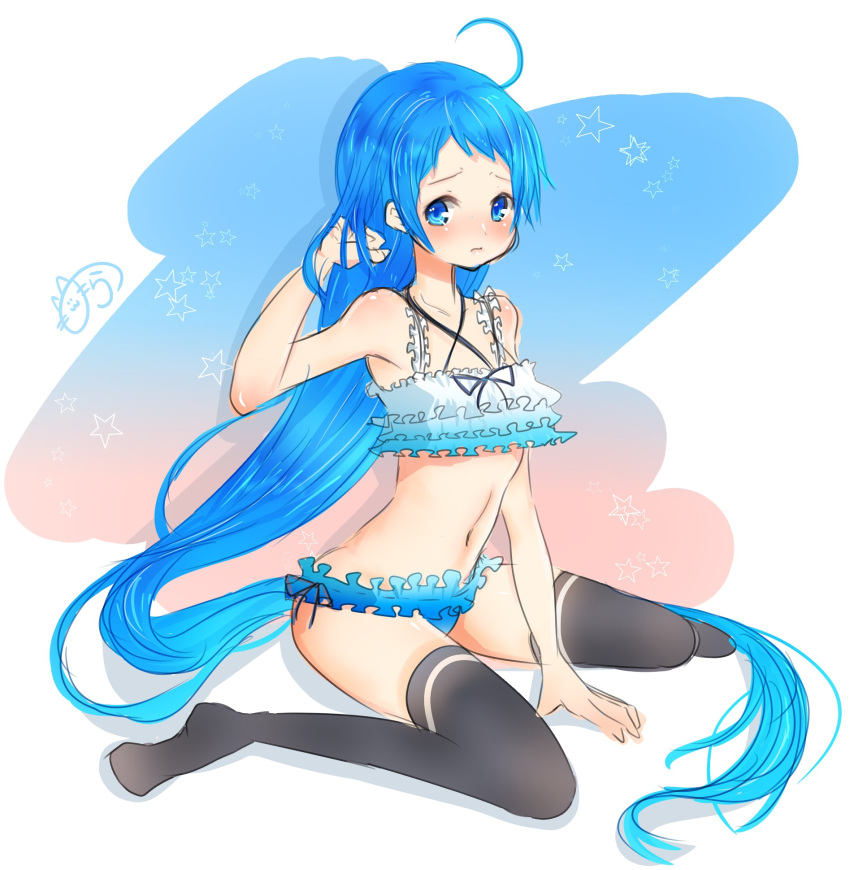 1girl, blue_eyes, blue_hair, cinderella_bust, highres, kantai_collection, long_hair, nora_(salatto), samidare_(kantai_collection), solo, swimsuit, thigh-highs, very_long_hair