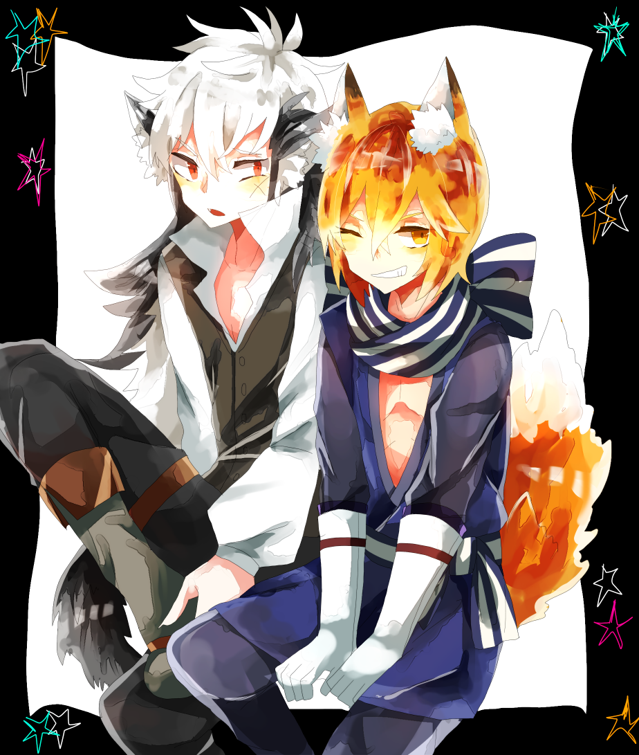 2boys, animal_ears, black_hair, blush, fire_emblem, fire_emblem_if, flannel_(fire_emblem_if), fox_ears