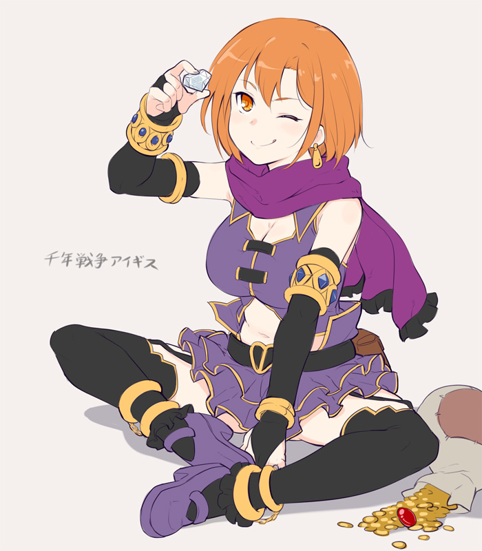 1girl, bare_shoulders, black_legwear, blush, breasts, bridal_gauntlets, brown_eyes, brown_hair
