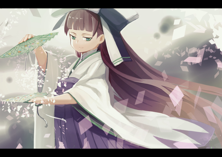 1girl, anne_(wixoss), bow, brown_hair, fan, folding_fan, green_eyes, hair_bow