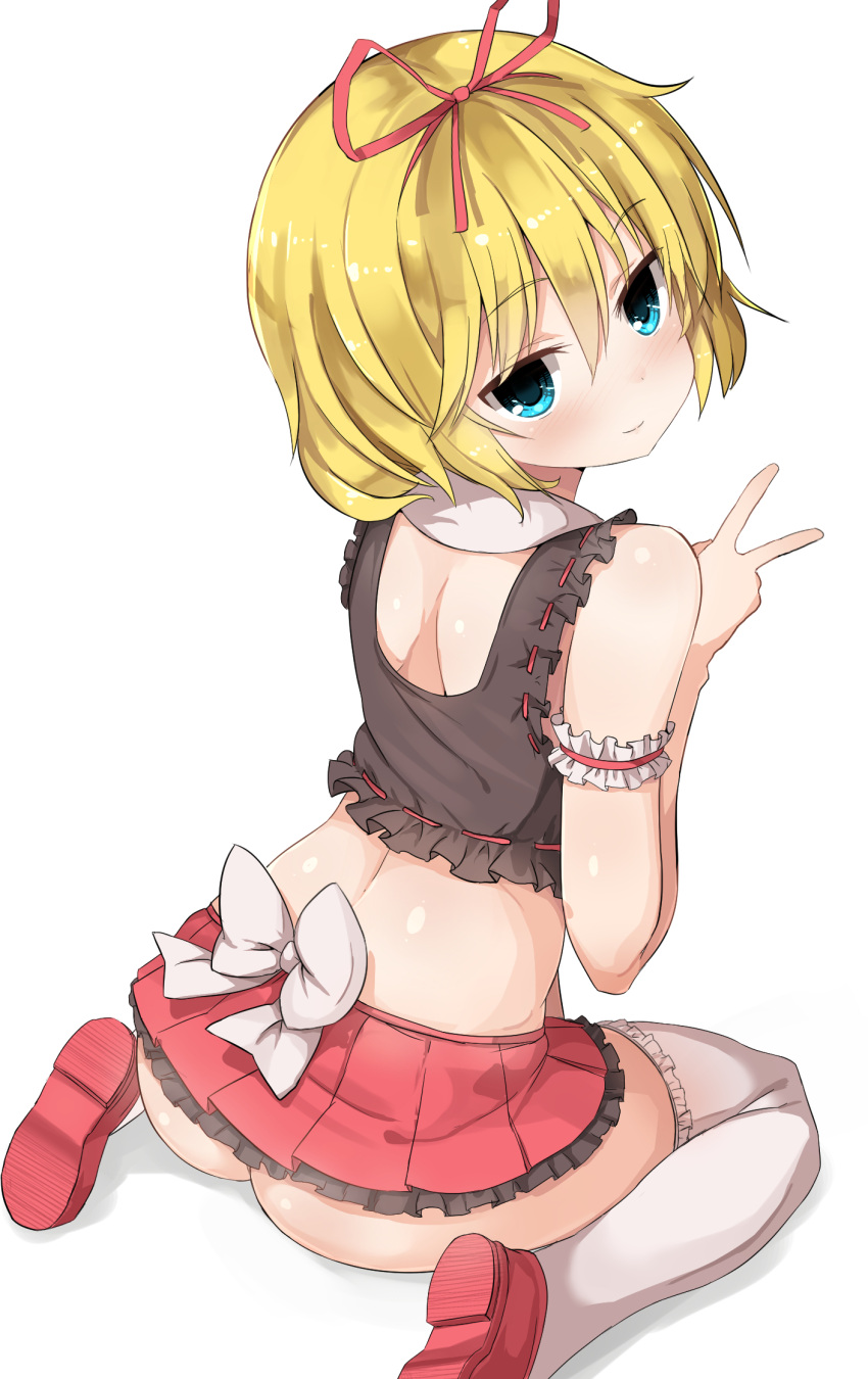 1girl, 5240mosu, ass, bare_shoulders, blonde_hair, blue_eyes, frills, highres