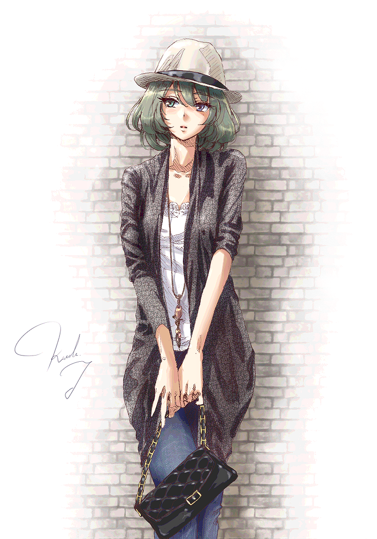 1girl, bag, blue_eyes, brown_hair, green_eyes, haru_(primavera), hat, heterochromia