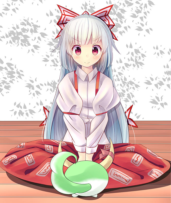 1girl, bow, fujiwara_no_mokou, hair_bow, hair_ribbon, horn_ribbon, horns, indian_style