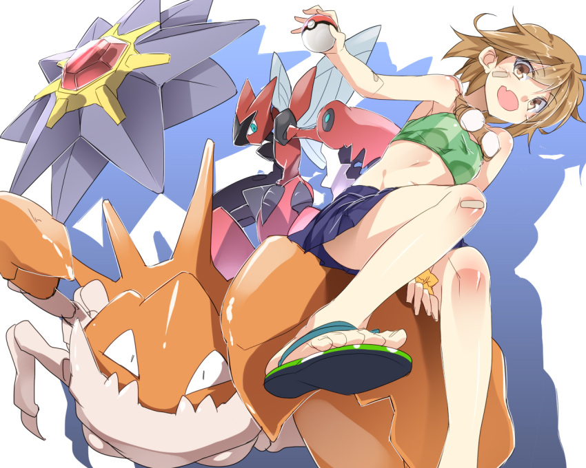 1girl, kantai_collection, kingler, mega_pokemon, mega_scizor, mtu_(orewamuzituda), oboro_(kantai_collection), poke_ball