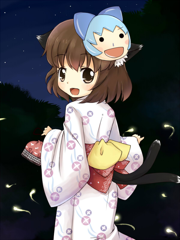 ainiwakou, animal_ears, brown_hair, cat_ears, cat_tail, chen, cirno, japanese_clothes, kimono, mask, multiple_tails, short_hair, tail, touhou