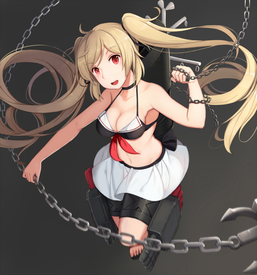 1girl, adapted_costume, bikini_skirt, bikini_top, blonde_hair, breasts, chain, cleavage