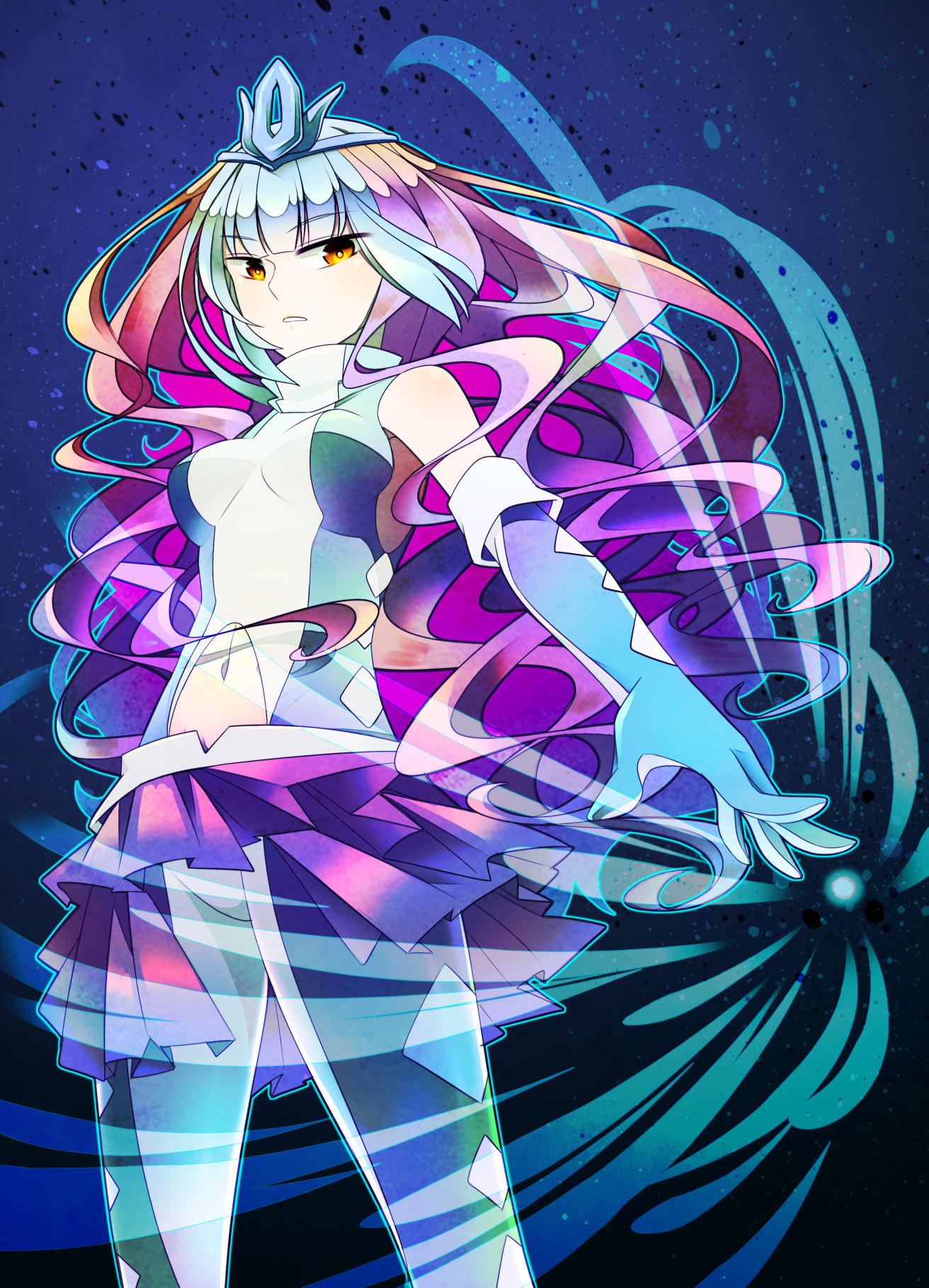 1girl, bare_shoulders, blue_gloves, blue_hair, gloves, highres, long_hair, midriff, multicolored_hair, navel, personification, pokemon, purple_hair, s_tane, solo, suicune, tiara, wavy_hair, yellow_eyes