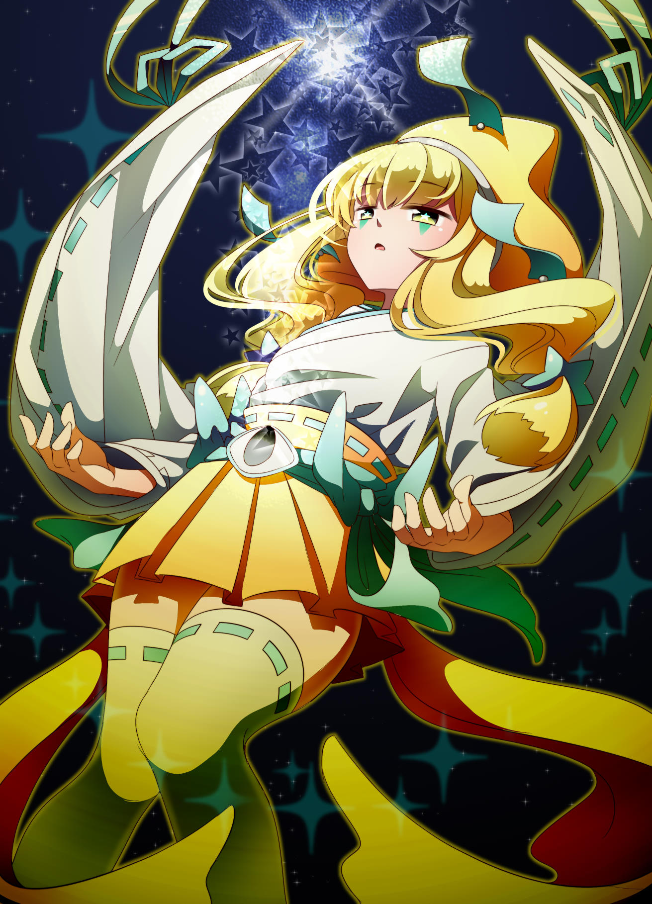 +_+, 1girl, blonde_hair, bow, from_below, hair_ornament, hat, highres, jirachi, makeup, personification, pokemon, s_tane, solo, thigh-highs