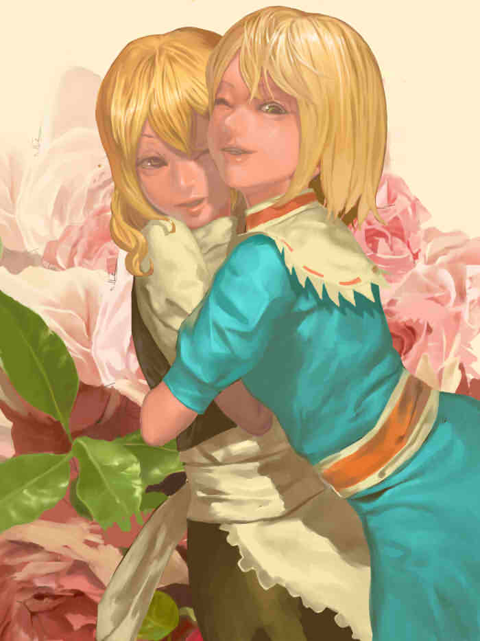 2girls, alice_margatroid, apron, beige_background, blonde_hair, blue_eyes, blush, breast_press, capelet, dress, floral_background, grin, hairband, hug, kirisame_marisa, lips, long_hair, looking_at_viewer, mi~yako, multiple_girls, one_eye_closed, open_mouth, smile, touhou, waist_apron, yellow_eyes, yuri