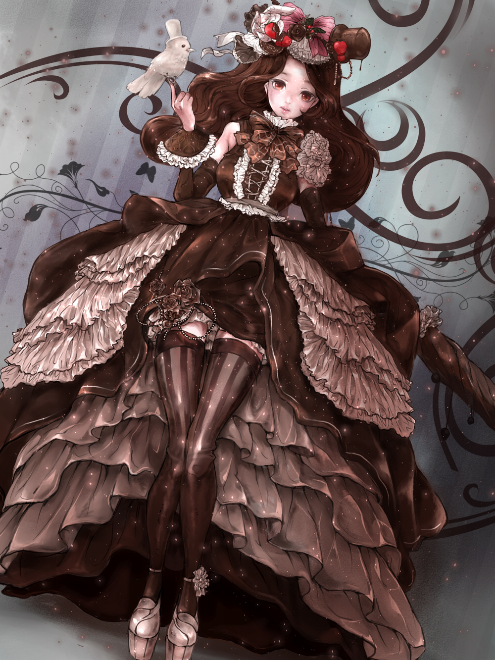 1girl, anklet, bird, bird_on_hand, bow, brown_dress, brown_hair, brown_legwear