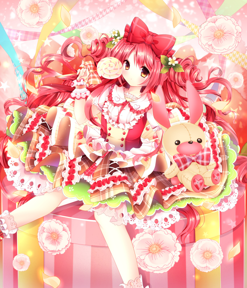 1girl, bow, candy, drill_hair, flower, frilled_skirt, frills, gift