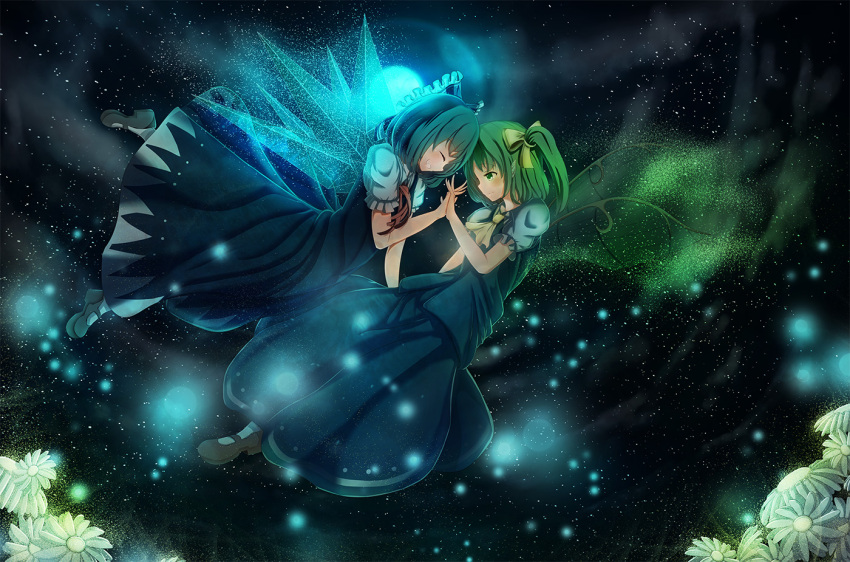 2girls, blue_hair, bow, cirno, daiyousei, dress, flower, green_eyes