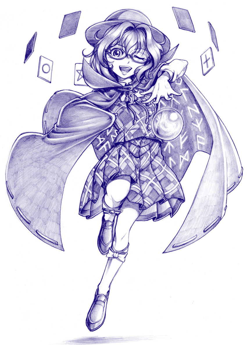 1girl, ;d, alvares, cape, glasses, hat, highres, monochrome