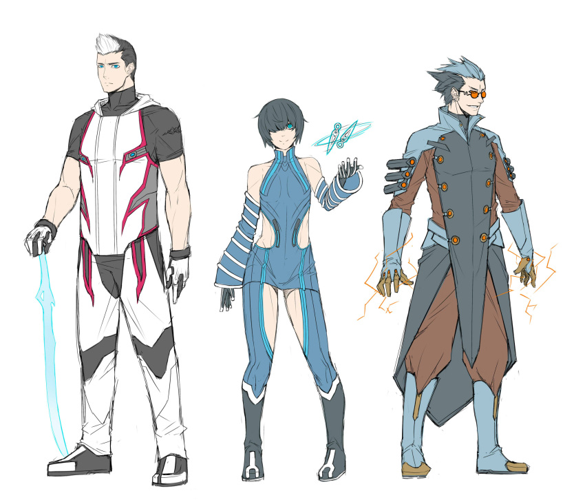 1girl, 2boys, excalibur_(warframe), full_body, highres, humanization, kuma_x, mag_(warframe), multiple_boys, tagme, volt_(warframe), warframe