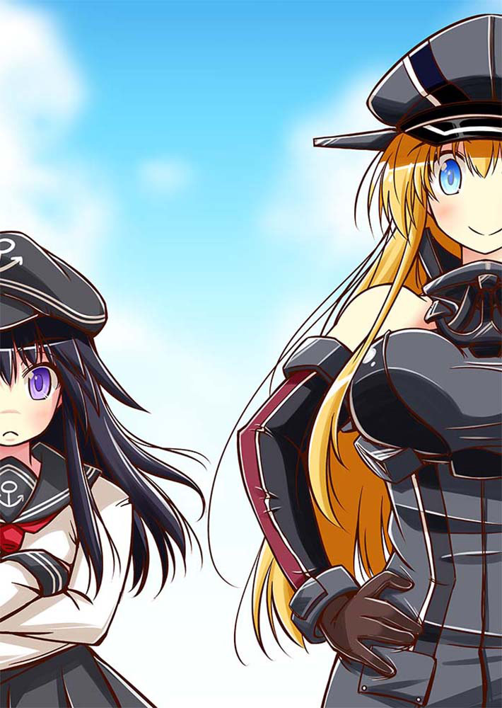2girls, :c, akatsuki_(kantai_collection), anchor_symbol, bare_shoulders, bismarck_(kantai_collection), black_hair, blonde_hair