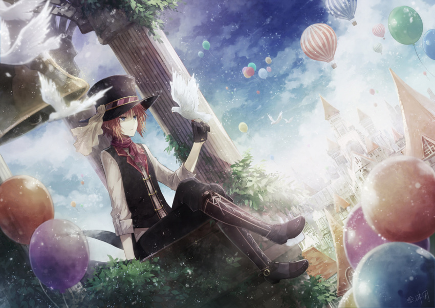 1boy, angel31424, balloon, blue_eyes, brid, brown_hair, crossed_legs, gloves