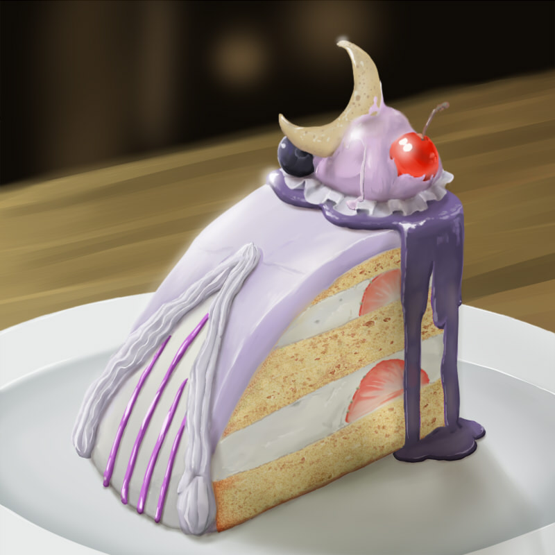 blueberry, cake, cherry, crescent, finished, food, fruit, icing, indoors, objectification, parody, pastry, patchouli_knowledge, realistic, slice_of_cake, still_life, strawberry, touhou, transformation, unagi88