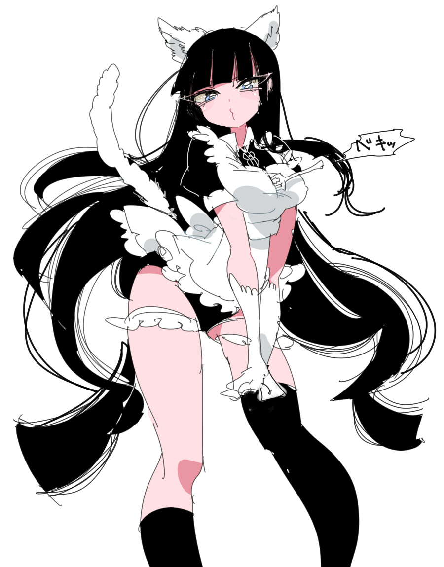 1girl, aano_(10bit), animal_ears, apron, black_hair, black_legwear, blue_eyes, breasts