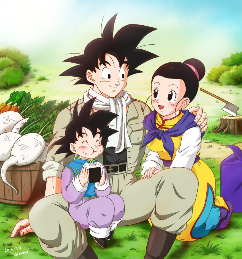 1girl, 2boys, :d, ^_^, artist_name, axe, belt, black_eyes, black_hair, carrot, chichi, chinese_clothes, closed_eyes, dated, dragon_ball, dragon_ball_super, eating, family, father_and_son, food, highres, husband_and_wife, kneeling, masa_(p-piyo), mother_and_son, multiple_boys, on_lap, onigiri, open_mouth, outdoors, sitting, smile, son_gokuu, son_goten, spiky_hair, tree_stump, turnip, weapon