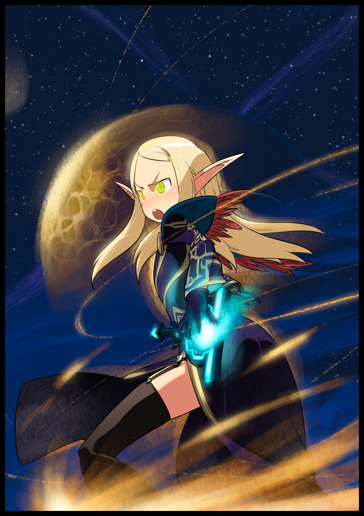 blood_elf, feathers, gloves, ling_(cg_sky), long_hair, moon, pointy_ears, priest_(warcraft)