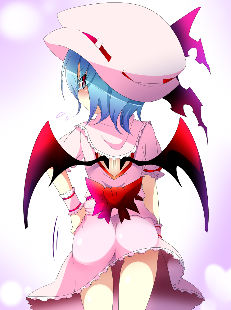 1girl, ass, bat_wings, blush, colored_eyelashes, dress, eyes_visible_through_hair, hand_on_hip