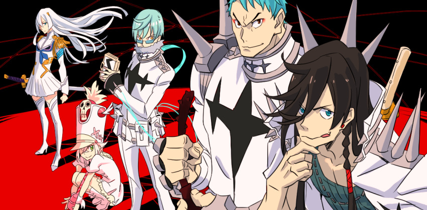 5boys, aqua_eyes, aqua_hair, boots, brown_hair, character_request, cosplay, crossdressinging