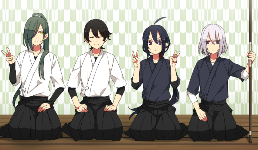 4boys, ahoge, black_hair, closed_eyes, double_v, green_hair, hair_over_one_eye, hakama