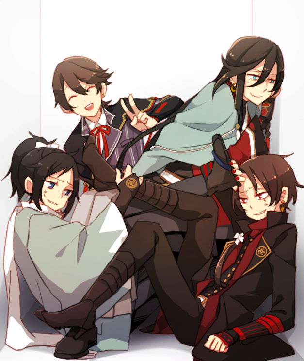 4boys, ^_^, aqua_eyes, black_hair, black_legwear, blue_eyes, boots, bridal_gauntlets