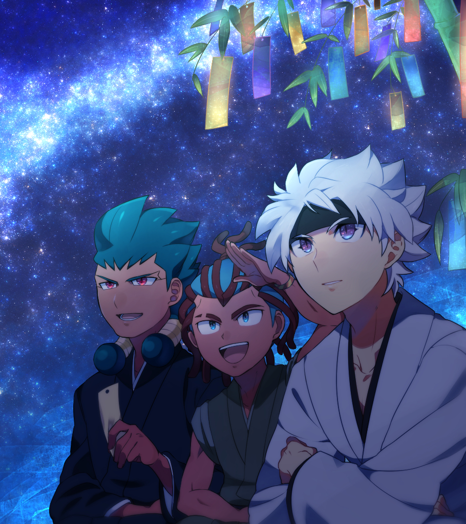 3boys, blue_eyes, green_hair, headband, ibuki_munemasa, ichikawa_zanakurou, inazuma_eleven_(series), inazuma_eleven_go, inazuma_eleven_go_galaxy, japanese_clothes, kimono, long_hair, male_focus, multiple_boys, open_mouth, parted_lips, petagon, red_eyes, short_hair, sky, star_(sky), starry_sky, tanabata, tanzaku, tetsukado_shin, violet_eyes, white_hair