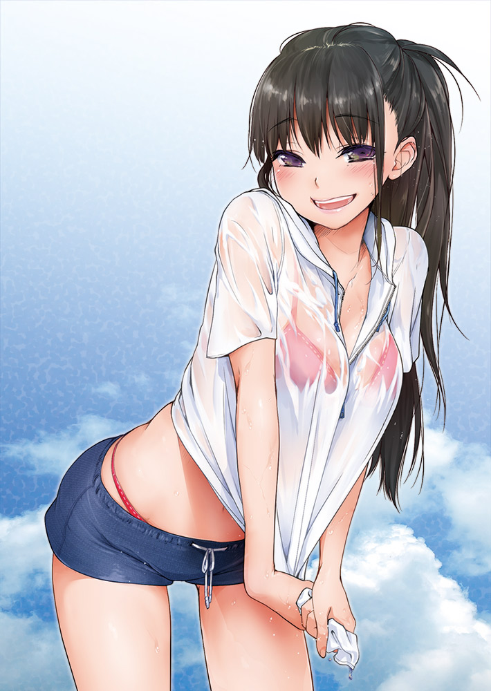 1girl, :d, black_hair, bra, breasts, necktie, open_mouth, original, panties, pink_bra, ponytail, red_panties, shirt, short_shorts, shorts, smile, solo, teeth, toroshio, underwear, violet_eyes, wet, wet_clothes, wet_shirt, wet_t-shirt