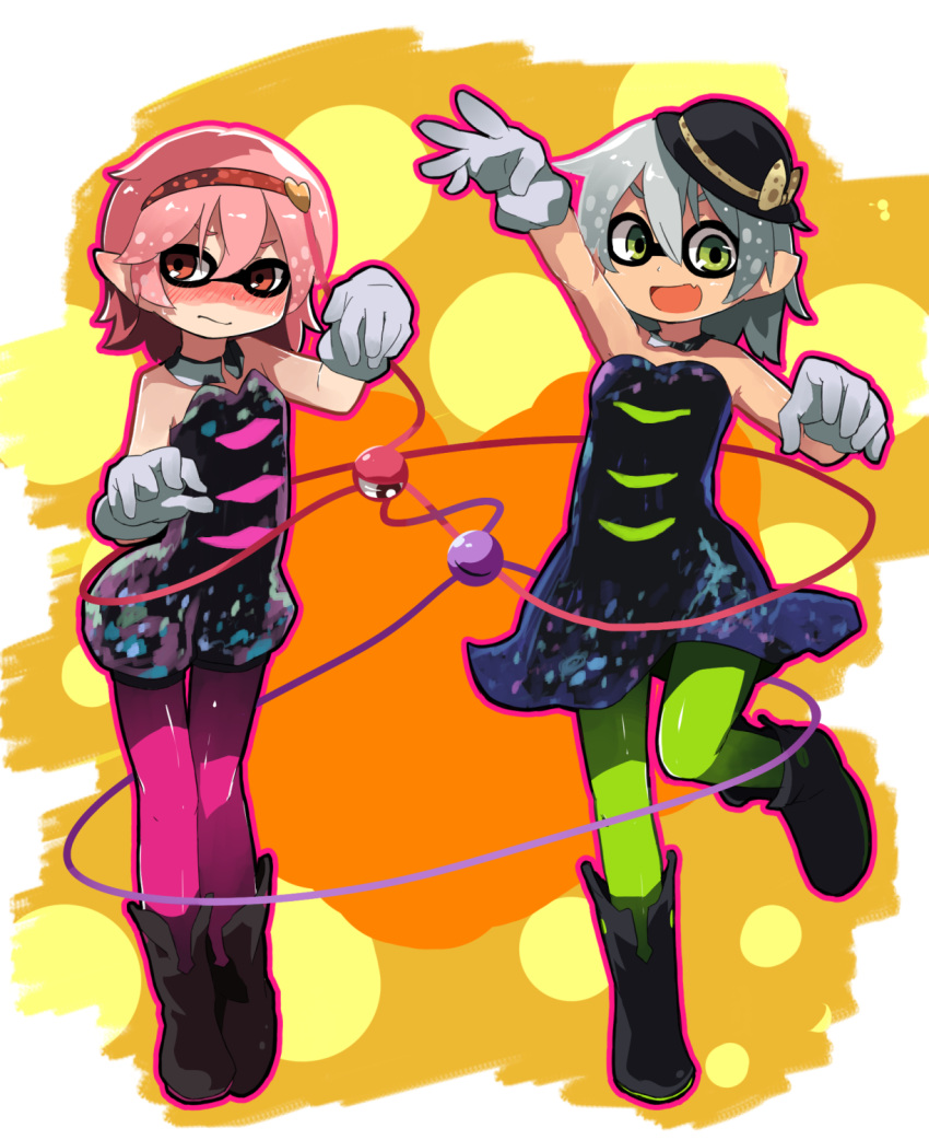 2girls, amakoke, aori_(splatoon)_(cosplay), eyeball, gloves, green_eyes, green_hair, hairband, hat, hat_ribbon, heart, highres, hotaru_(splatoon)_(cosplay), komeiji_koishi, komeiji_satori, multiple_girls, open_mouth, pink_hair, pointy_ears, red_eyes, ribbon, short_hair, siblings, sisters, skirt, smile, splatoon, third_eye, touhou