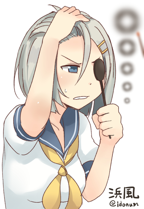 1girl, blue_eyes, blurry_vision, hair_ornament, hairclip, hamakaze_(kantai_collection), kantai_collection, occluder