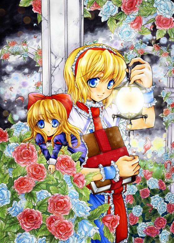 alice_margatroid, blonde_hair, blue_eyes, blue_rose, book, doll, flower, hairband