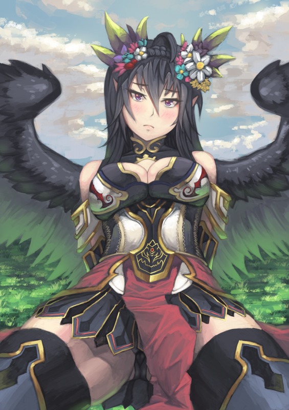 1girl, badominton, black_hair, black_panties, breasts, cleavage, cleavage_cutout, grass