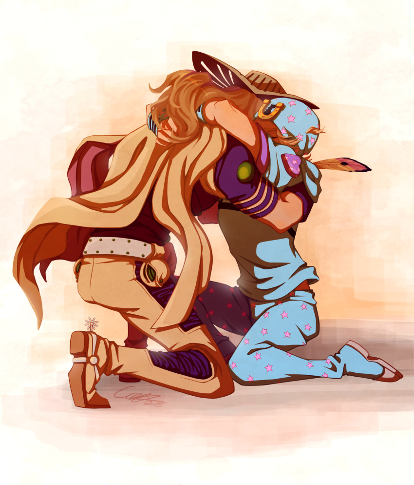 boots, brown_hair, closed_eyes, cowboy_boots, cowboy_hat, feathers, gyro_zeppeli, hat, highres, holster, horseshoe, hug, johnny_joestar, jojo_no_kimyou_na_bouken, kneeling, lahteh, scarf, signature, spurs, star_print, steel_ball_run