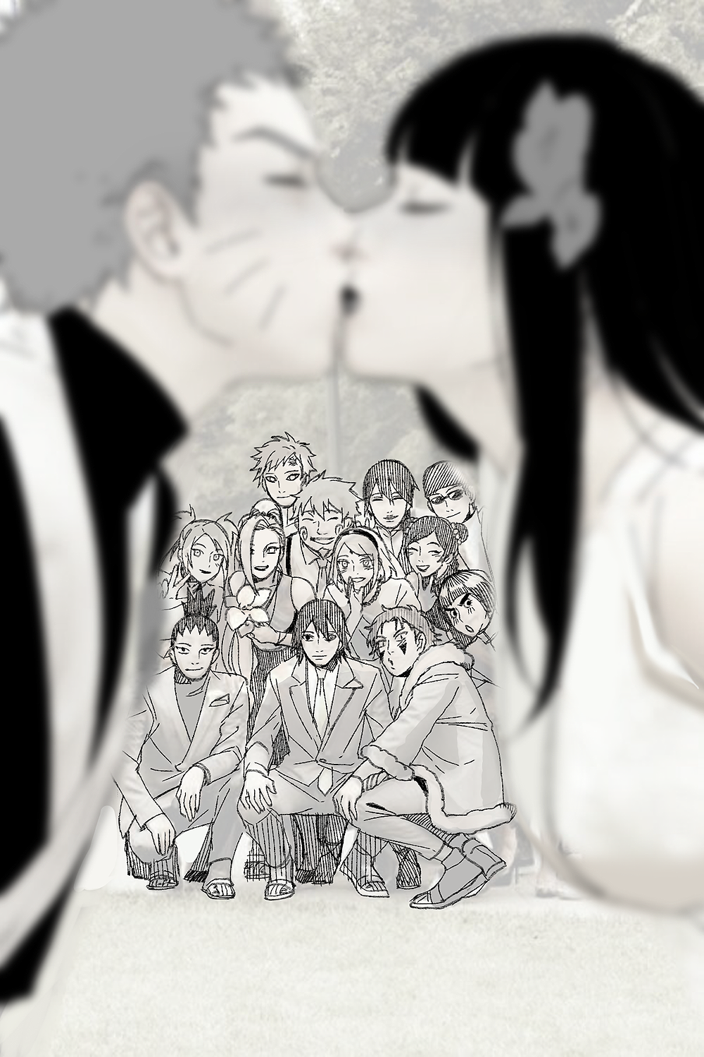 aburame_shino, akimichi_chouji, black_hair, blurry, depth_of_field, dress, flower, formal