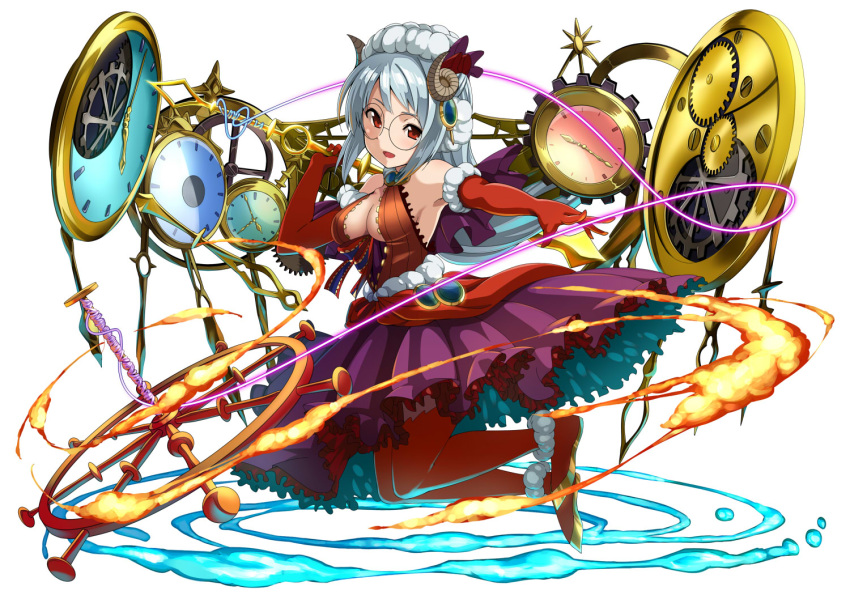 1girl, :d, breasts, cleavage, clock, elbow_gloves, frills, fur_trim