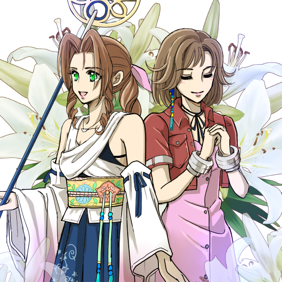 2girls, aerith_gainsborough, aerith_gainsborough_(cosplay), bangs, bow, bracelet, brown_hair, closed_eyes, cosplay, costume_switch, cropped_jacket, detached_sleeves, final_fantasy, final_fantasy_vii, final_fantasy_x, flower, green_eyes, hair_bow, hands_clasped, japanese_clothes, jewelry, kimono, lily_(flower), long_hair, multiple_girls, parted_bangs, pink_bow, pipi-mama, ponytail, short_hair, smile, staff, upper_body, yuna_(final_fantasy), yuna_(final_fantasy)_(cosplay)